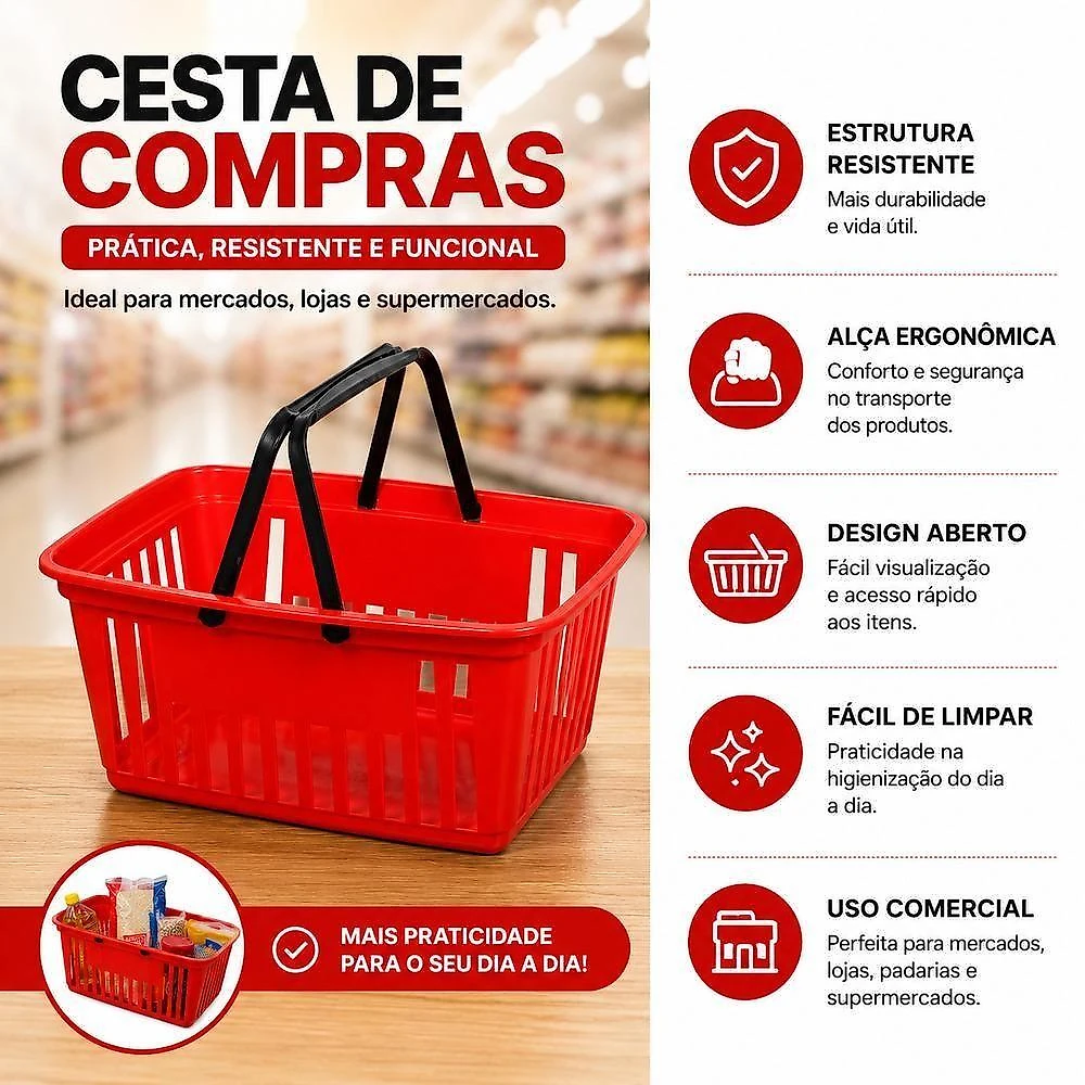 Cesta de Compras Plastica Reforcada com Alca Ergonomica Multiuso Mercado Feira Lojas Hortifruti