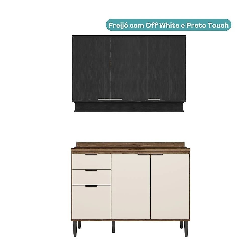 Armário De Cozinha Completa C/ Tampo Lótus Tiny Carraro Freijó Off White Preto Touch