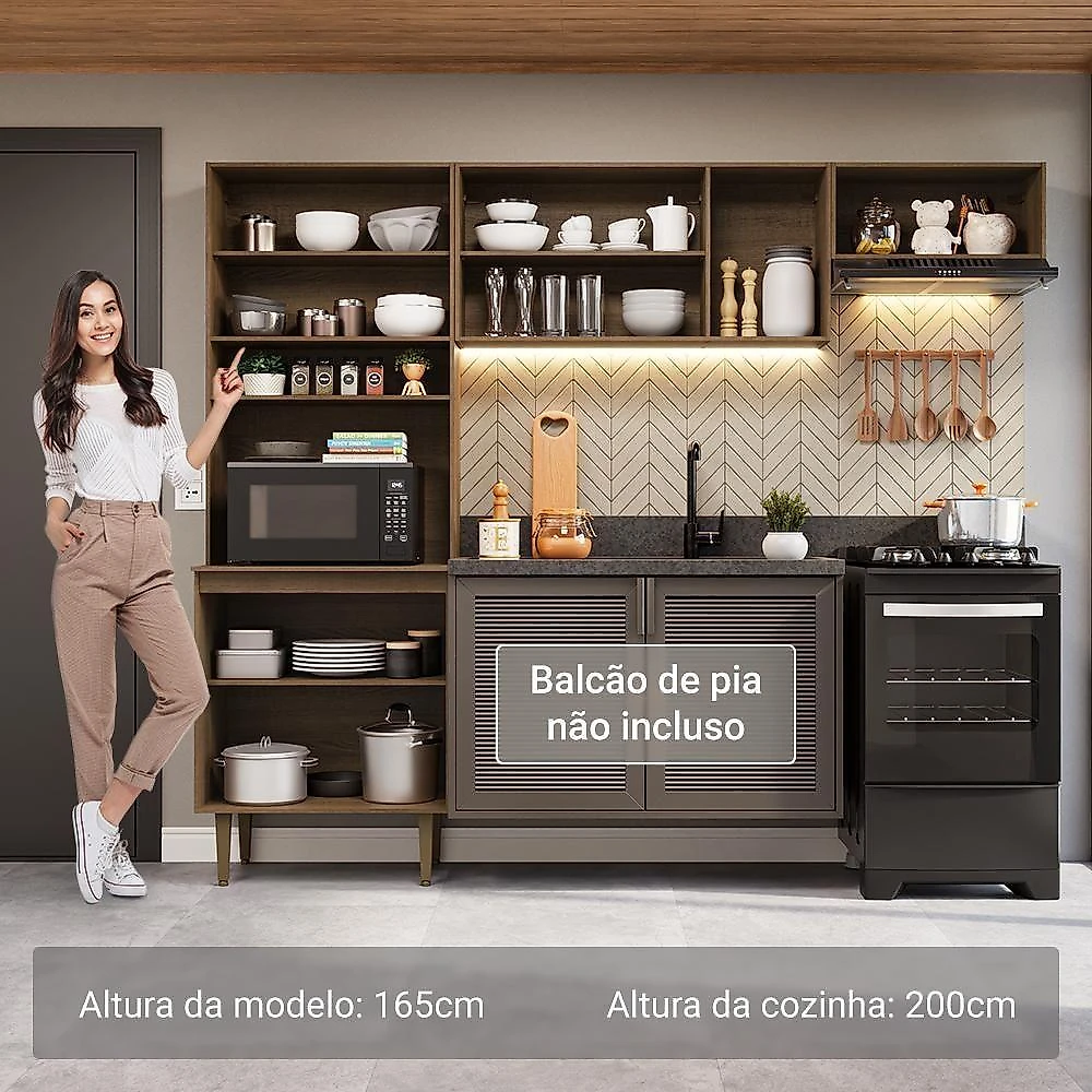 Armário De Cozinha Compacta 235cm Rustic/preto Gourmet Madesa Xa03 Rustic/preto