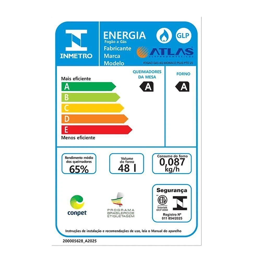 Fogão Monaco Plus New 4 Bocas Atlas Preto Bivolt