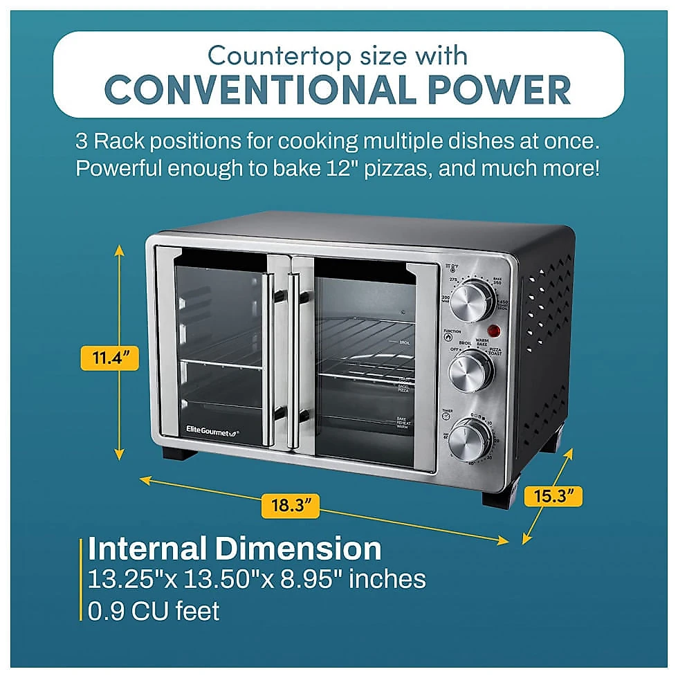 Forno Elétrico de Bancada 25 Litros com Porta Dupla, Aço Inoxidável, Elite Gourmet ETO2530M, 110V 1500W, Prata