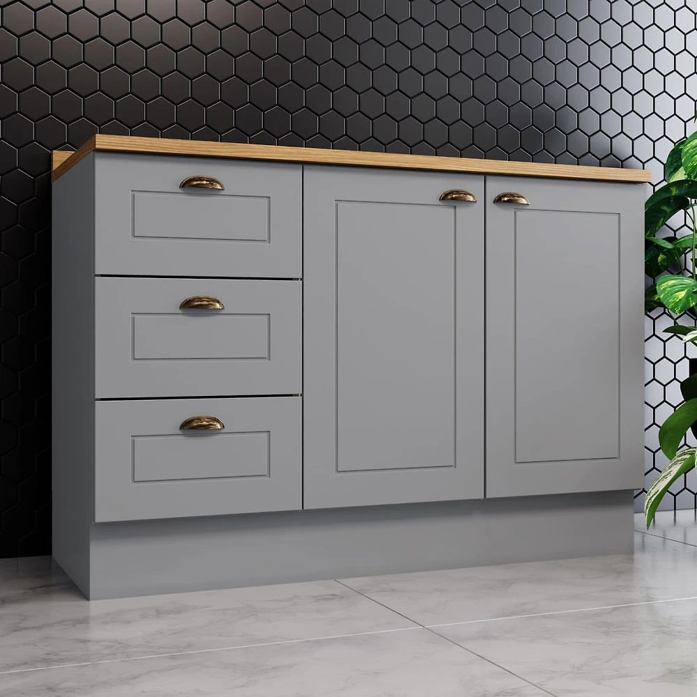 Balcão Pia 120 Cm 2 Portas E 3 Gavetas Com Tampo Para Cozinha Americana Henn