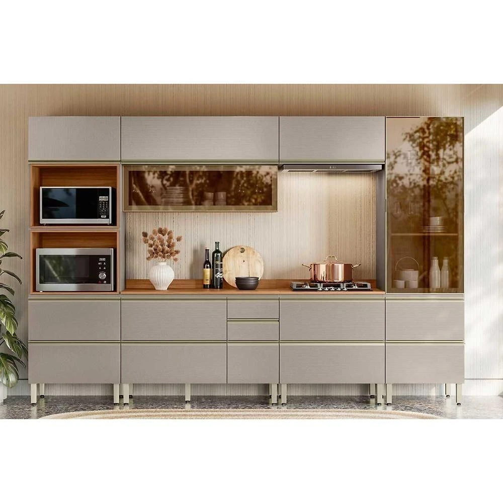 Cozinha Completa Proença 6 Peças 3 Portas 7 Gavetas MDF 119,5CM Nogueira Touch e Nude Prime