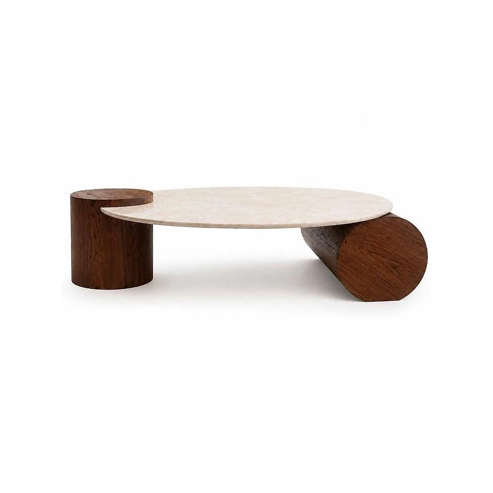 Mesa de Centro Orbita Redondo Mármore Travertino Madeira Nogueira 90CM Modelar Art Moveis