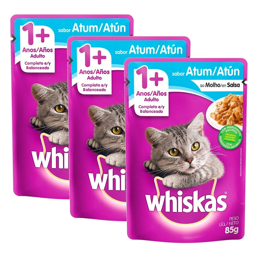Kit 3 Ração Úmida para Gatos Whiskas Adulto 1+ Anos Sabor Atum ao Molho 85g