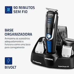 Aparador de Pelos Mondial Super Groom 10 em 1 BG-03 Sem Fio Preto/Azul - Bivolt