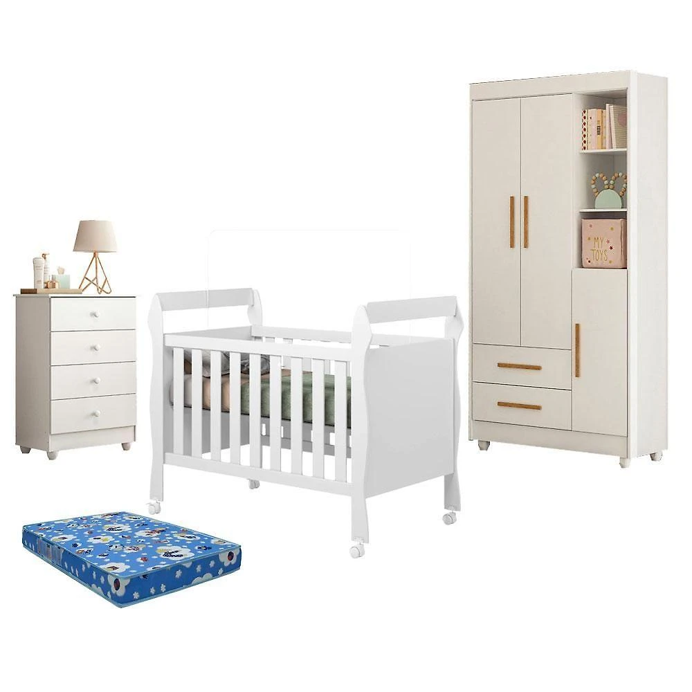 Guarda Roupa Infantil Flocos 3 Portas 2 Gavetas MDF 70CM Branco com Berço e Colchão Tigus Móveis
