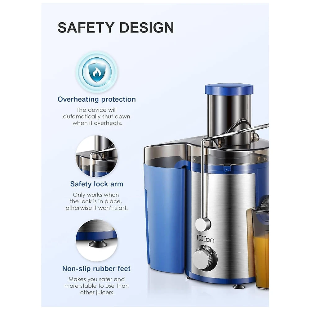 Extrator de Suco QCen, 800W com Abertura Ampla, Centrífuga para Frutas e Vegetais, Aço Inox, Livre de BPA, Azul - Fácil Limpeza