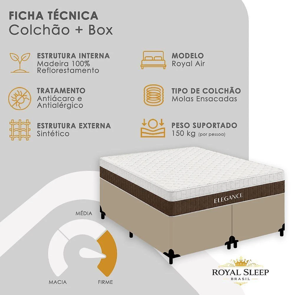 Cama Box com Colchão Queen Elegance Pillow Top Molas Ensacadas Tecido Branco Royal