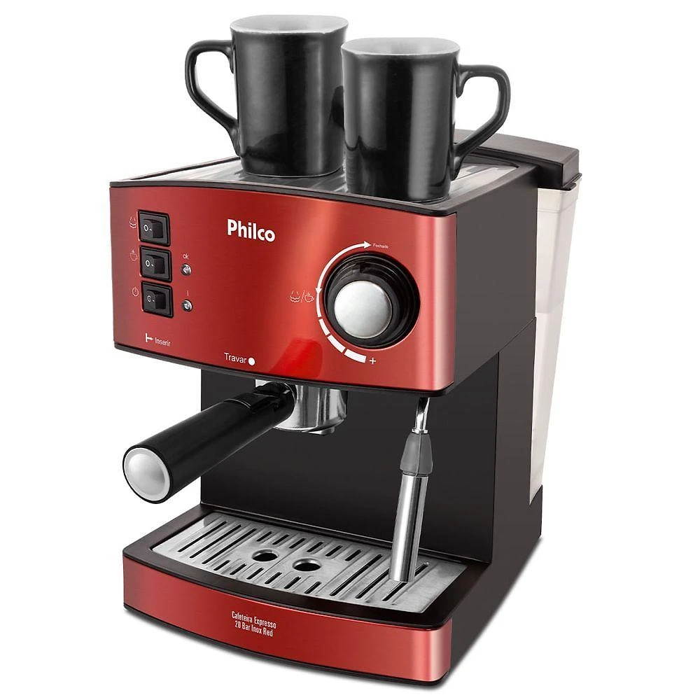 Miniatura Cafeteira Expresso & Cápsulas Philco 20 Bar Inox Red PCF24 220V