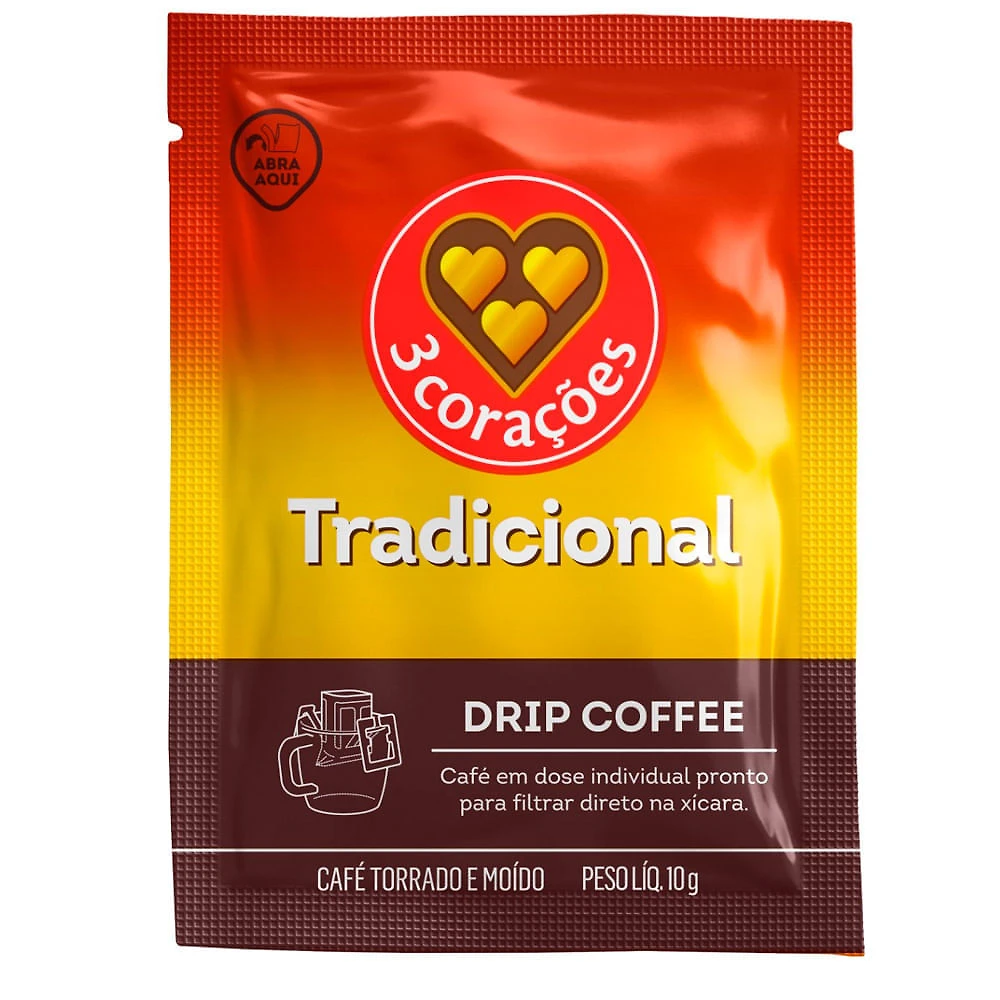 Café 3 Corações Tradicional Pronto para filtrar Dentro da Xícara Sachê 10g