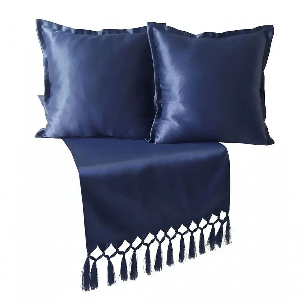 Kit Peseira e Capas Almofada Jacquard Azul Marinho 2,30x0,43cm 2 Peças