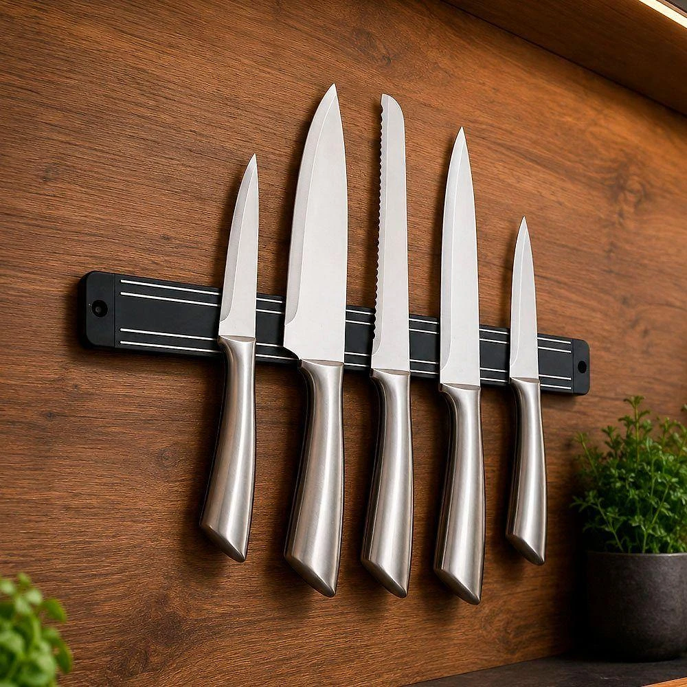 Kit de Facas 6 Peças Profissional Aço Inox com Barra Magnética Prata