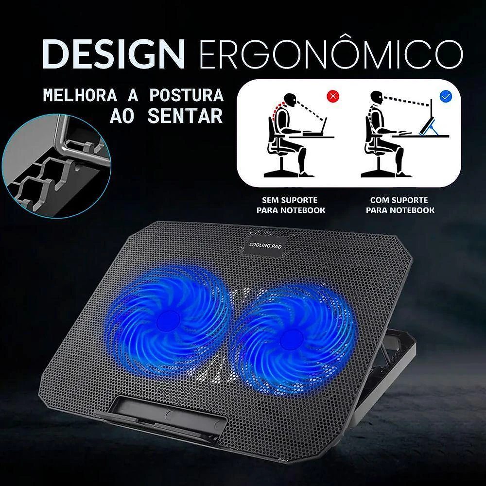 Suporte para Notebook Base Refrigerada 2 Coolers Altura Ajustável com Ventiladores LED Azul B-Max