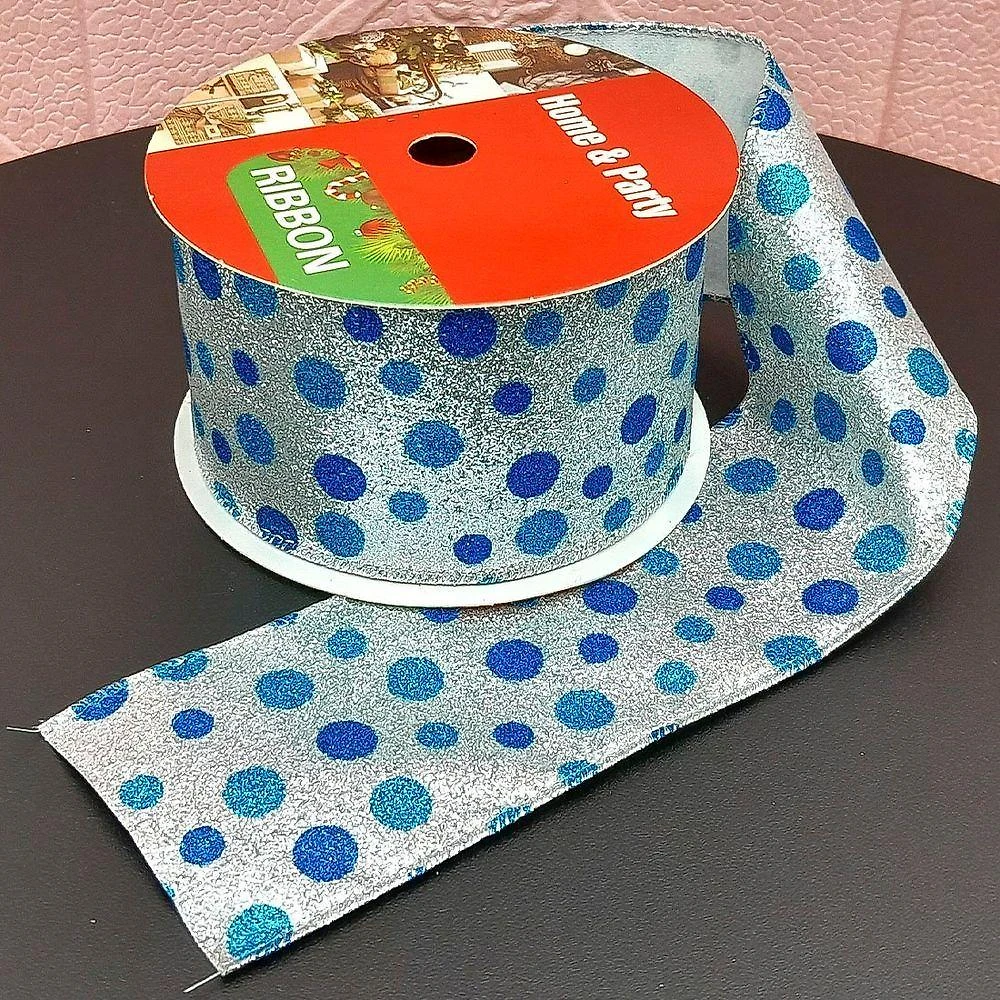 Rolos Fita Aramada Natalina Bolinhas Azul 6,3cm 9m Kit 3pçs