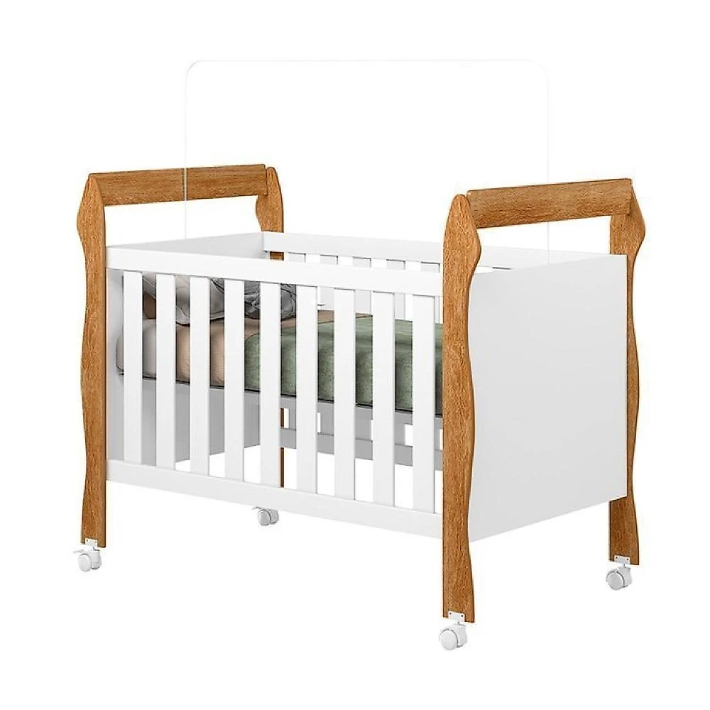 Quarto de Bebê com Berço Mini Cama, Cômoda 1 Porta 4 Gavetas e Roupeiro 100% Mdf 3 Portas 2 Gavetas Branco/Madeirado Ypê