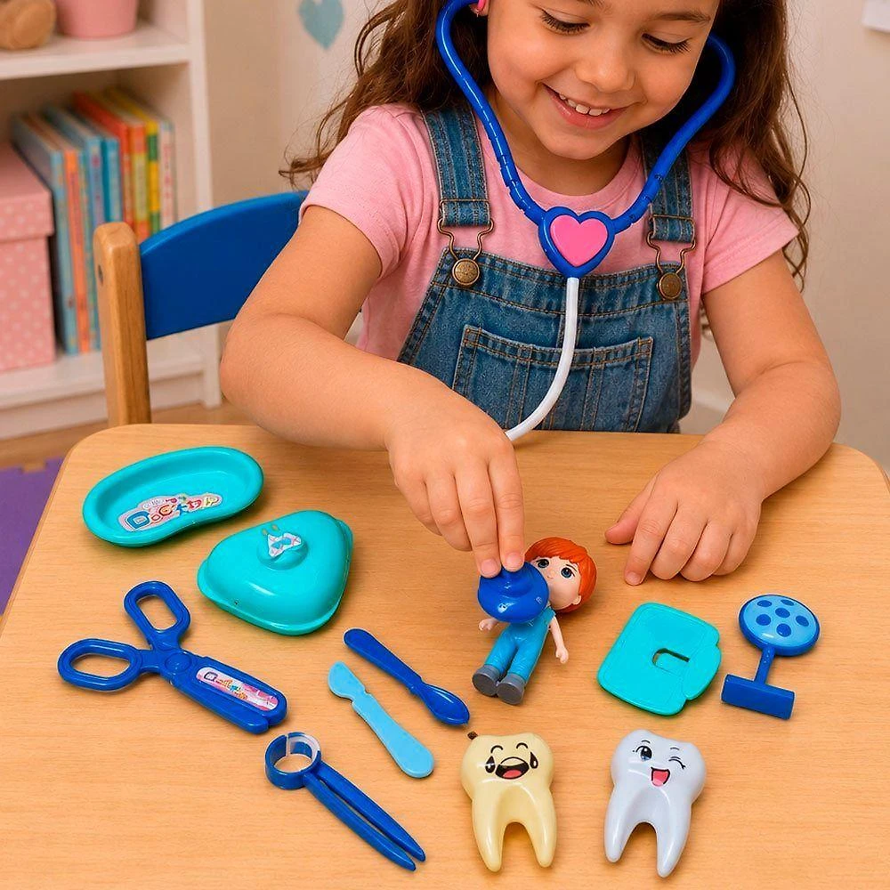 Kit Brinquedo Dentista Infantil Médico Doutor 13 Peças Plástico Azul