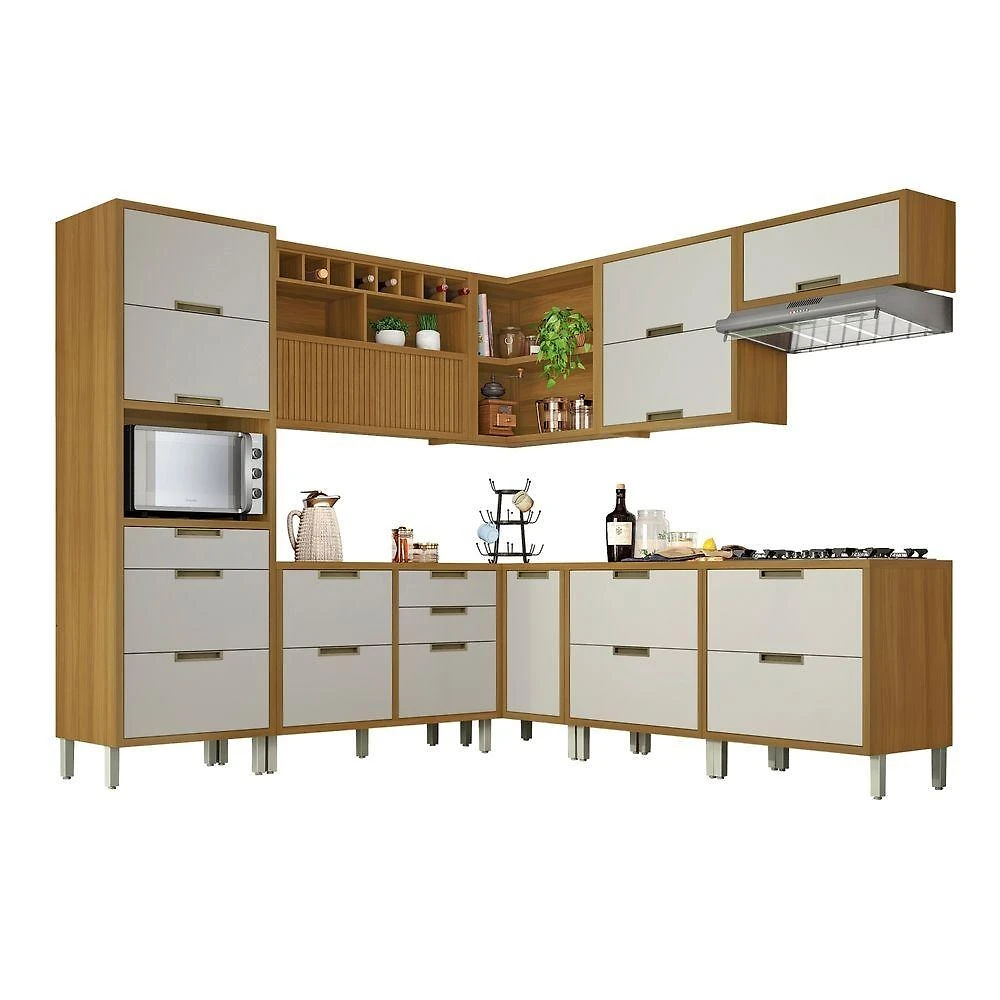Cozinha Completa Imperatriz Ângulo 9 Peças MDF 268cm Off White e Freijó Contemporânea