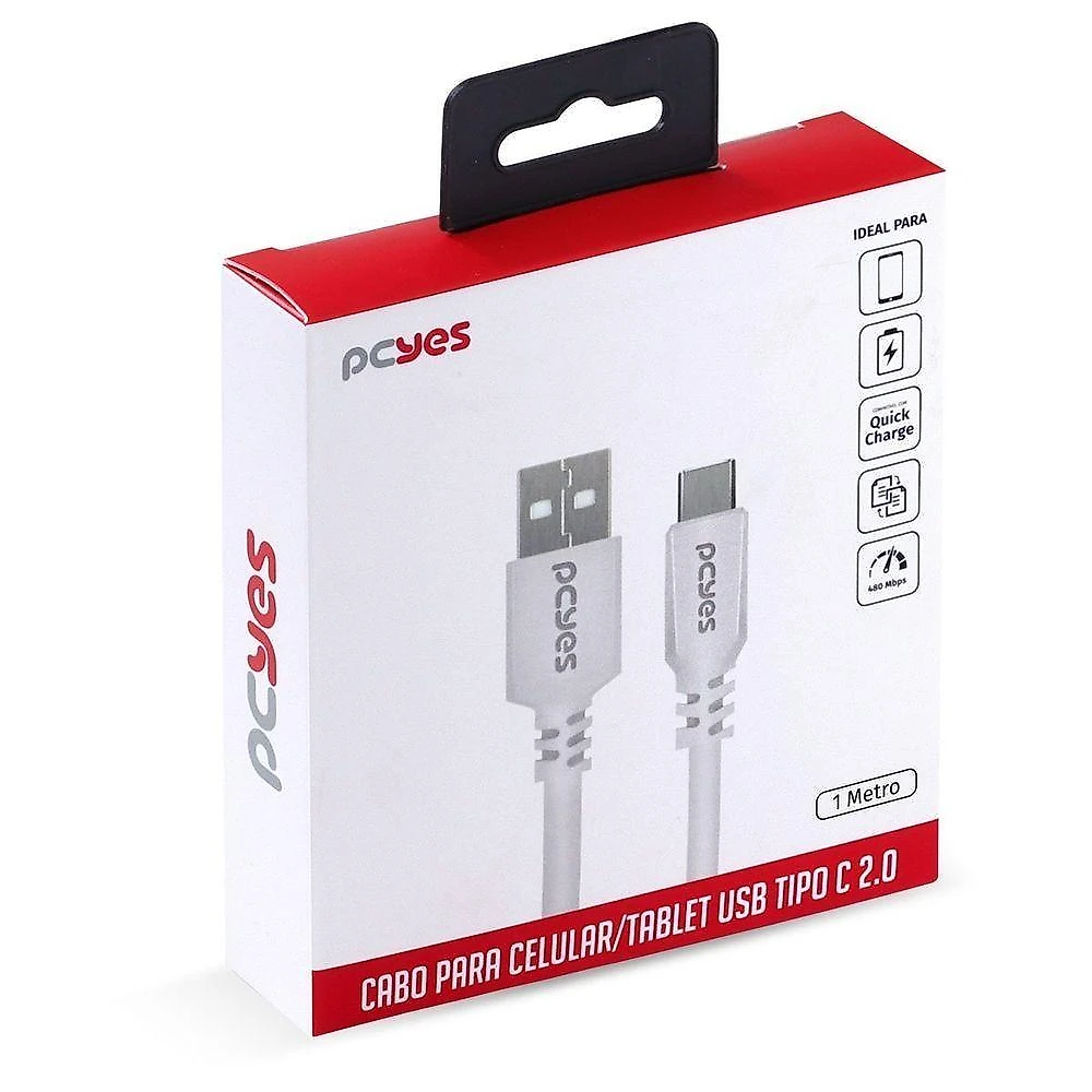 Cabo USB Tipo C Pcyes para Celular USB 2.0 480MBPS 5V 3A Branco 1M