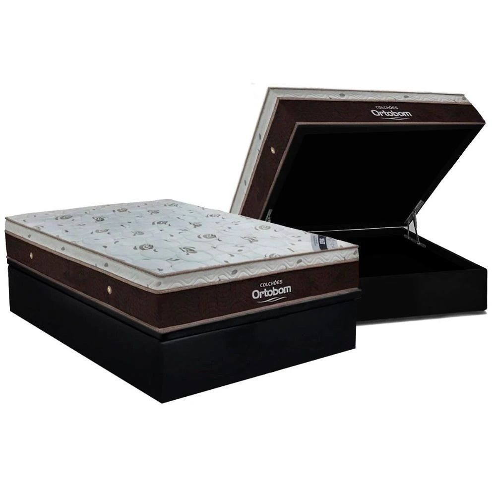 Cama Box Baú Casal: Colchão Molas Ensacadas Ortobom Sleep King + Base Crc Suede Black (138x188)