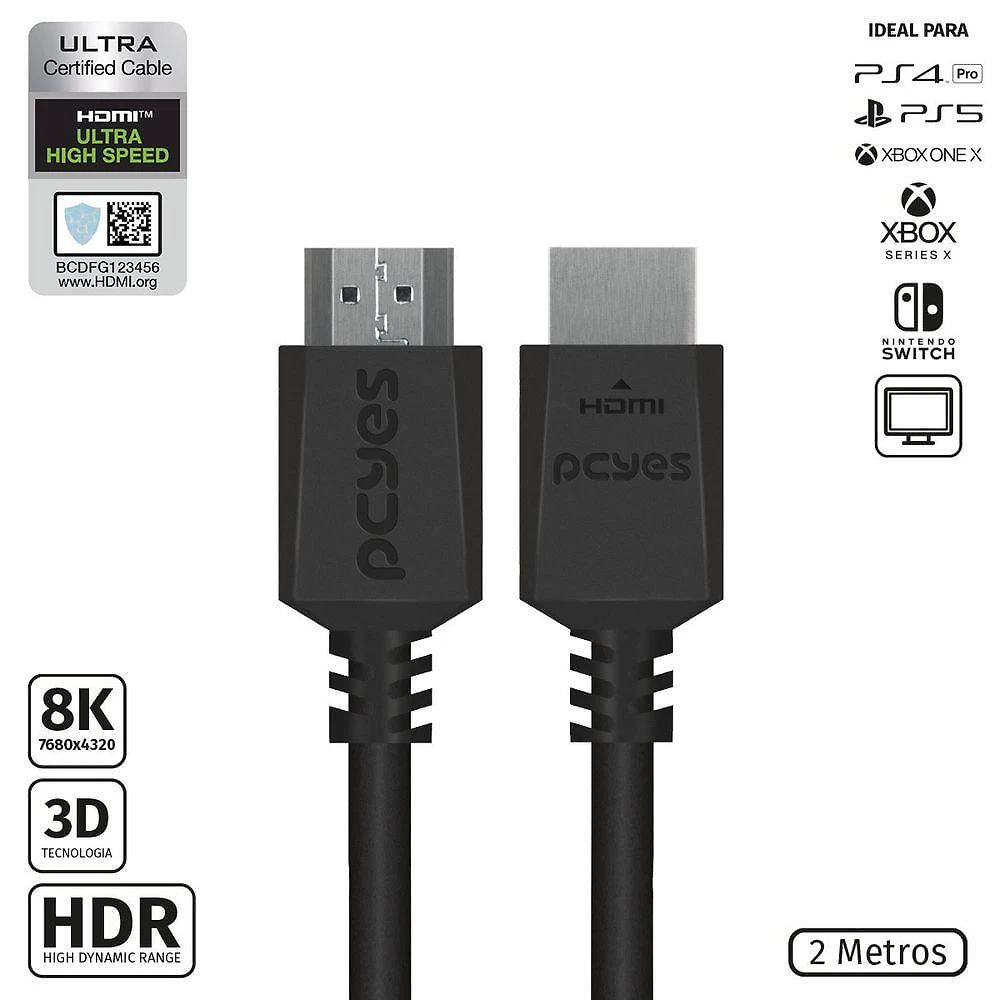 Cabo Hdmi Ultra 2.1 28Awg Puro Cobre 8K 60Hz 2 Metros - Phm8
