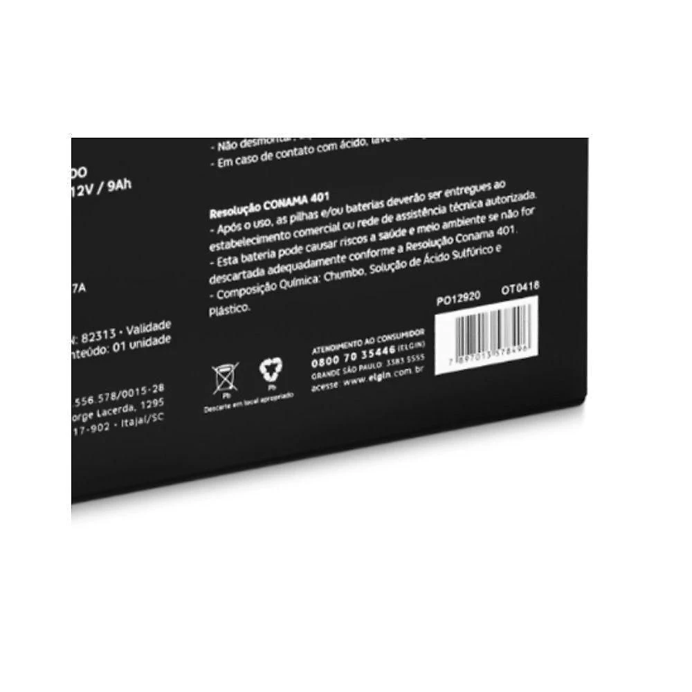 Bateria Selada Elgin VRLA 12V 9Ah Terminal F2 para Nobreak Alarme e Iluminação