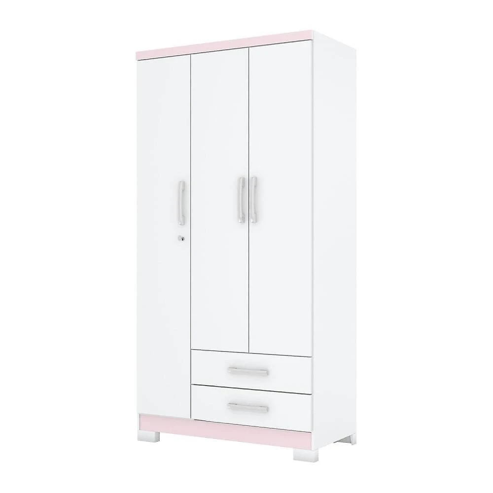 Guarda Roupa Solteiro 3 Portas 2 Gavetas Miami Henn Branco/Branco/Rosa Chá