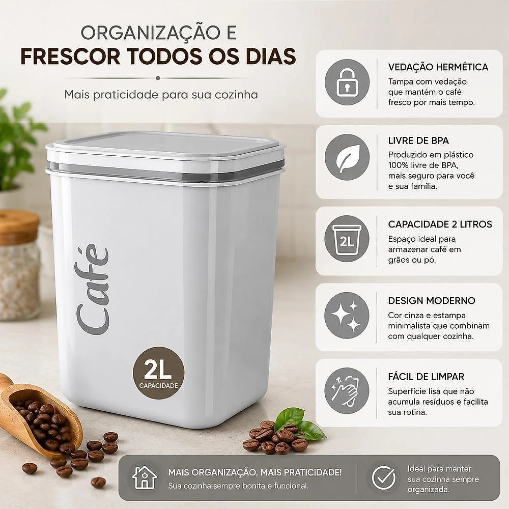 Pote Hermético para Mantimentos Quadrado Vedação Hermética Plástico BPA Free Cozinha Cinza 2L Kangur