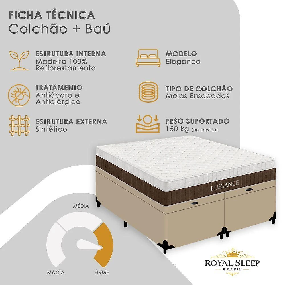 Cama Box com Baú King Elegance Euro Pillow Molas Ensacadas Bege Royal