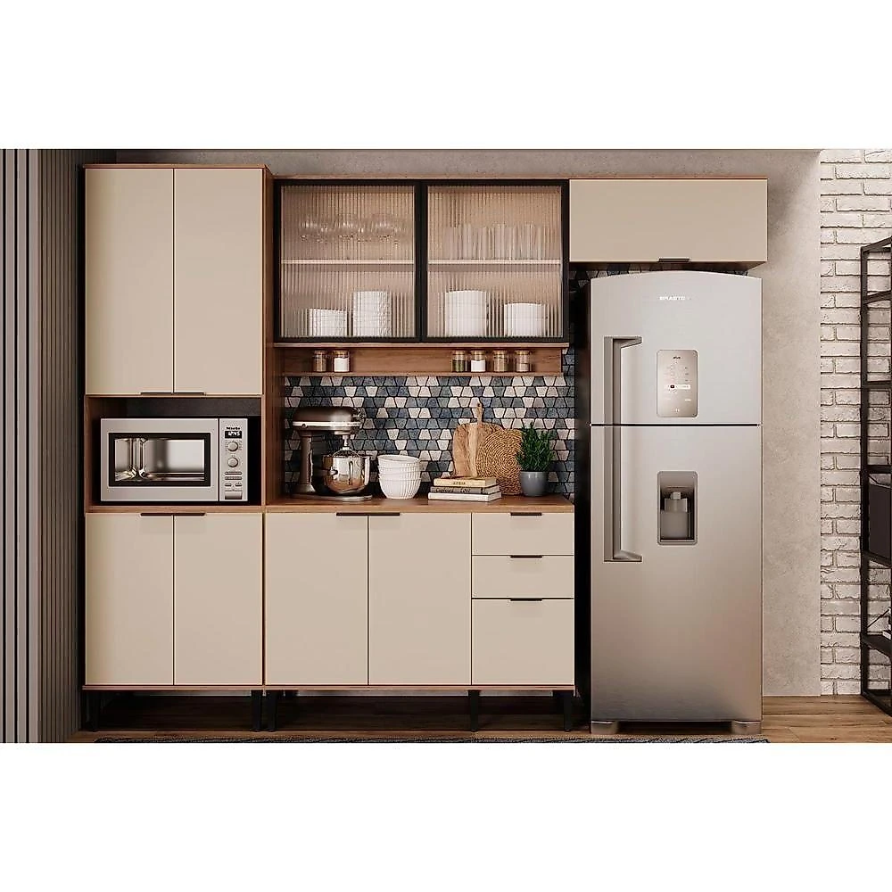 Gabinete De Cozinha Modulado Balcão Alpha 2506 3 Portas E 2 Gavetas Com Tampo 120cm Freijó