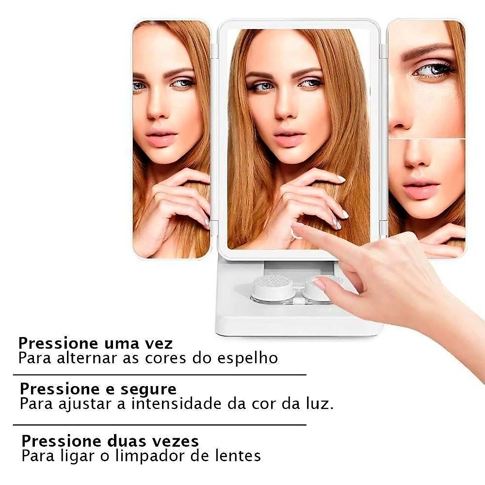 Espelho de Maquiagem BSL3895 LED 3 Cores Dobrável Branco AB Mídia