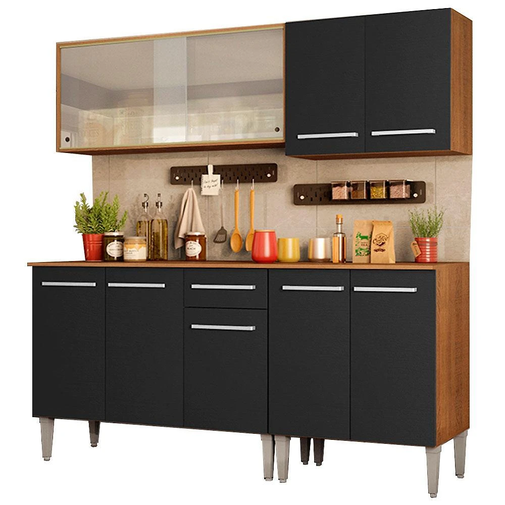 Cozinha completa madesa emilly box com balcão e armário vidro - rustic/preto