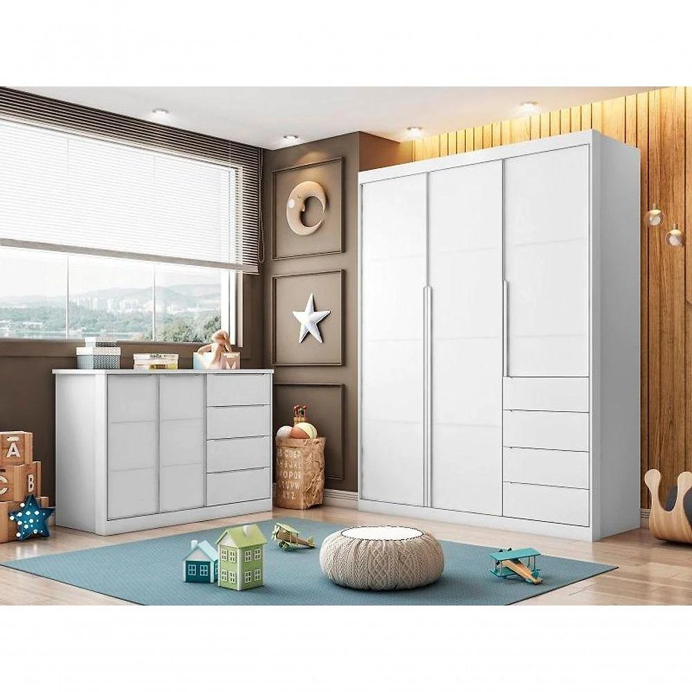 Jogo de Quarto Pérola 3 Portas 4 Gavetas MDF Branco Phoenix Baby