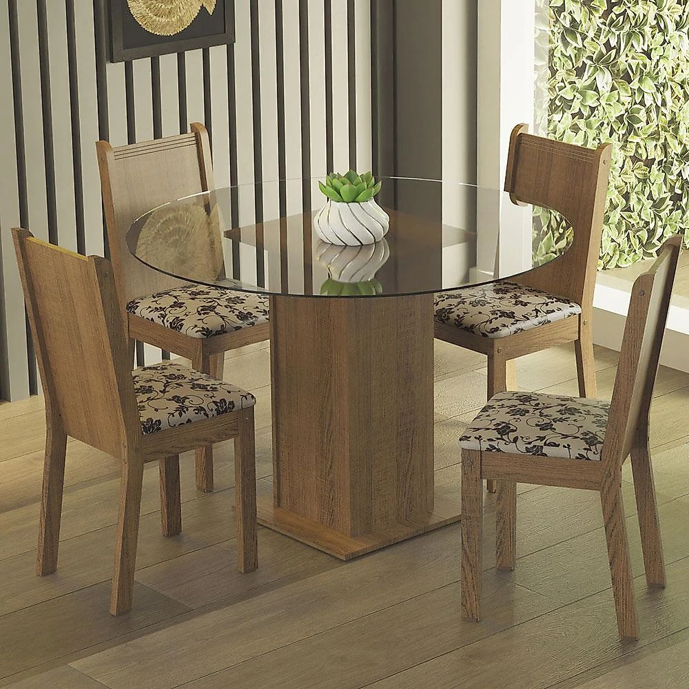 Conjunto sala de jantar madesa débora mesa tampo de vidro redondo 4 cadeiras - rustic/bege marrom