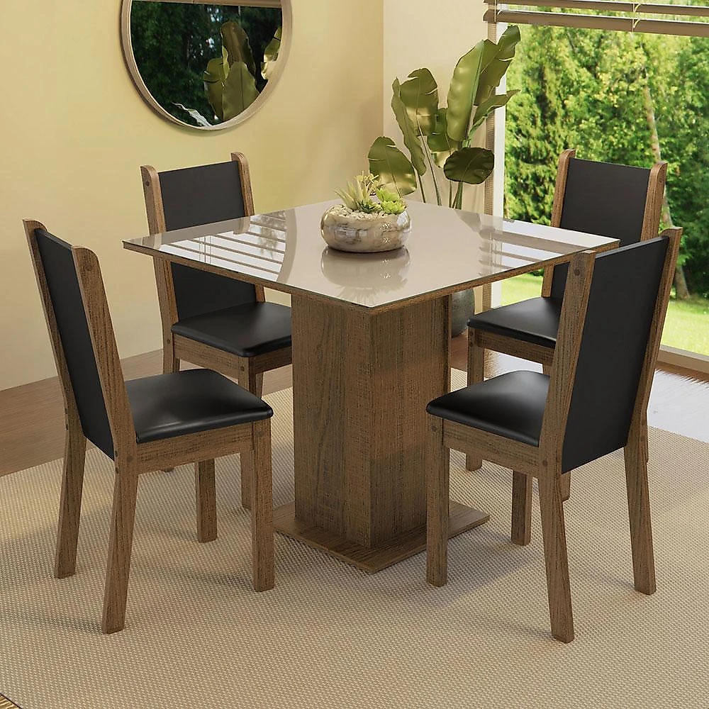 Conjunto sala de jantar mesa tampo de vidro 4 cadeiras rustic/crema/preto tifani madesa rustic/crema/sintético preto