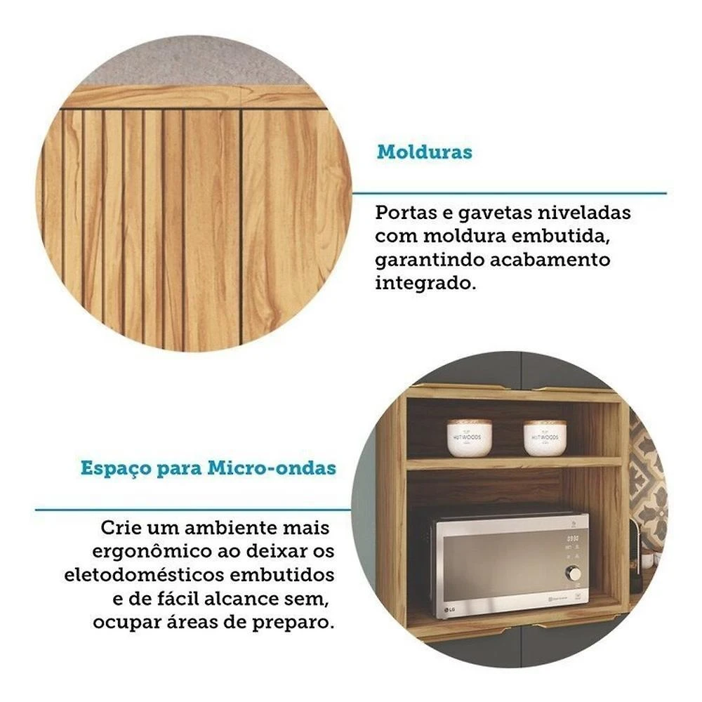 Cozinha Modulada Compacta 270cm 4 Peças 10 Portas com Tampo 100% MDF Noruega Fresada Espresso Móveis Amêndoa/Chumbo