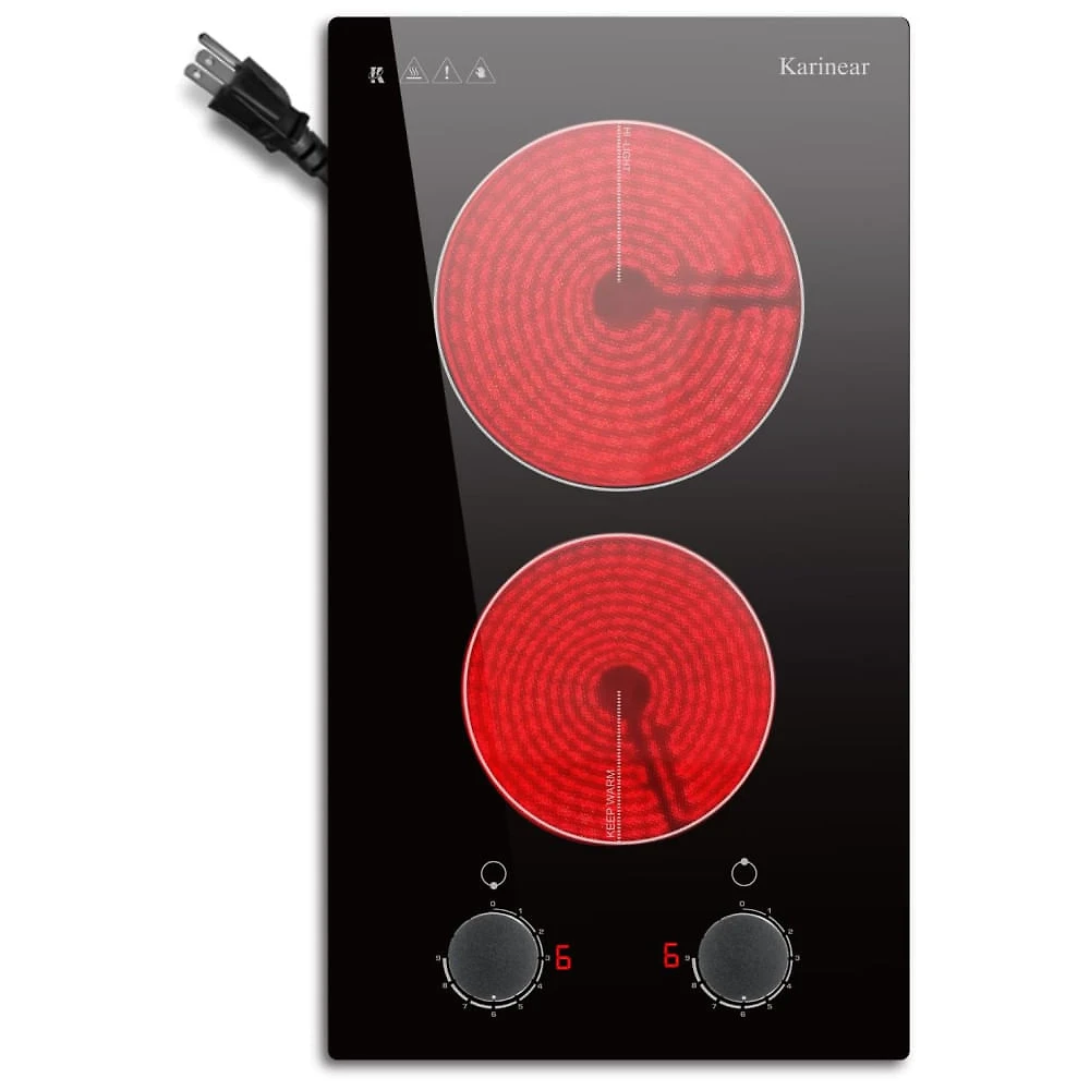 Cooktop Elétrico Karinear 110V 2 Bocas 30 cm Controle de Botão Cooktop Cerâmico Embutido, 9 Níveis de Aquecimento, Aviso de Superfície Quente,