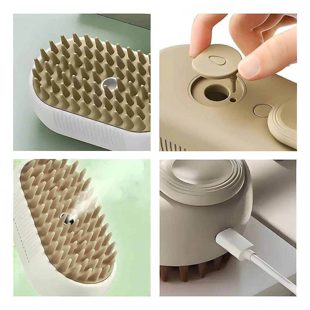 Escova a Vapor para Pets Utimix 3 em 1 para Gatos e Cães em ABS Branco com Bege Recarregável