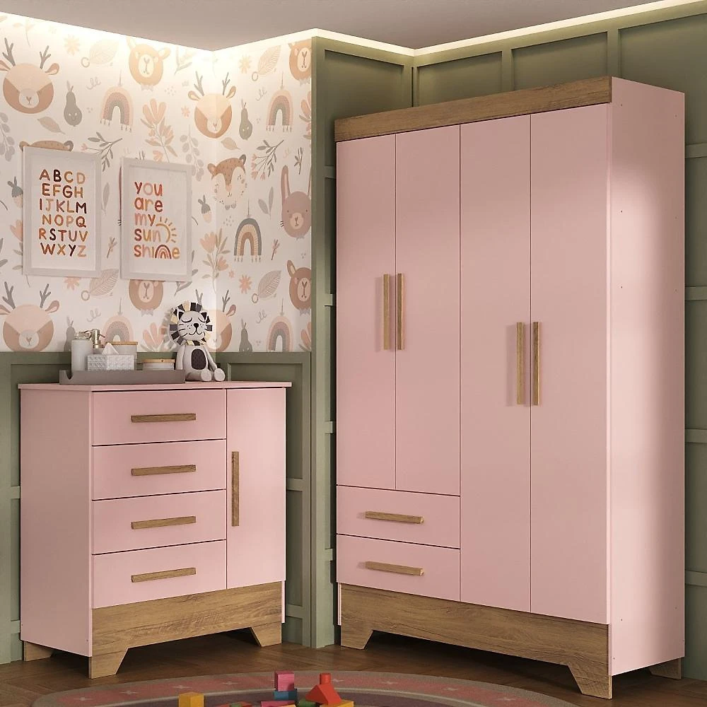 Miniatura Quarto Infantil Completo Guarda Roupa 4 Portas 2 Gavetas com Cômoda Liz Rosa Fosco/Nature