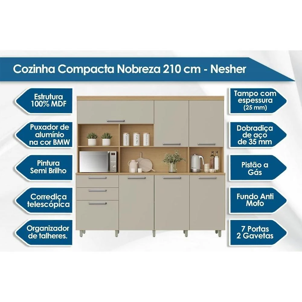 Miniatura Kit De Cozinha Compacta Nobreza C- 7 Portas E 2 Gavetas 210cm Carvalho-cinza - Nesher