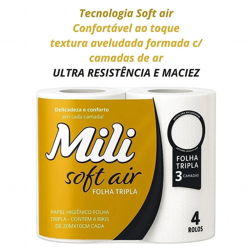 Papel Higienico Folha Tripla Soft Air 3 Fardos 4 Rolos 20m X 10cm 12 Unidades Mili