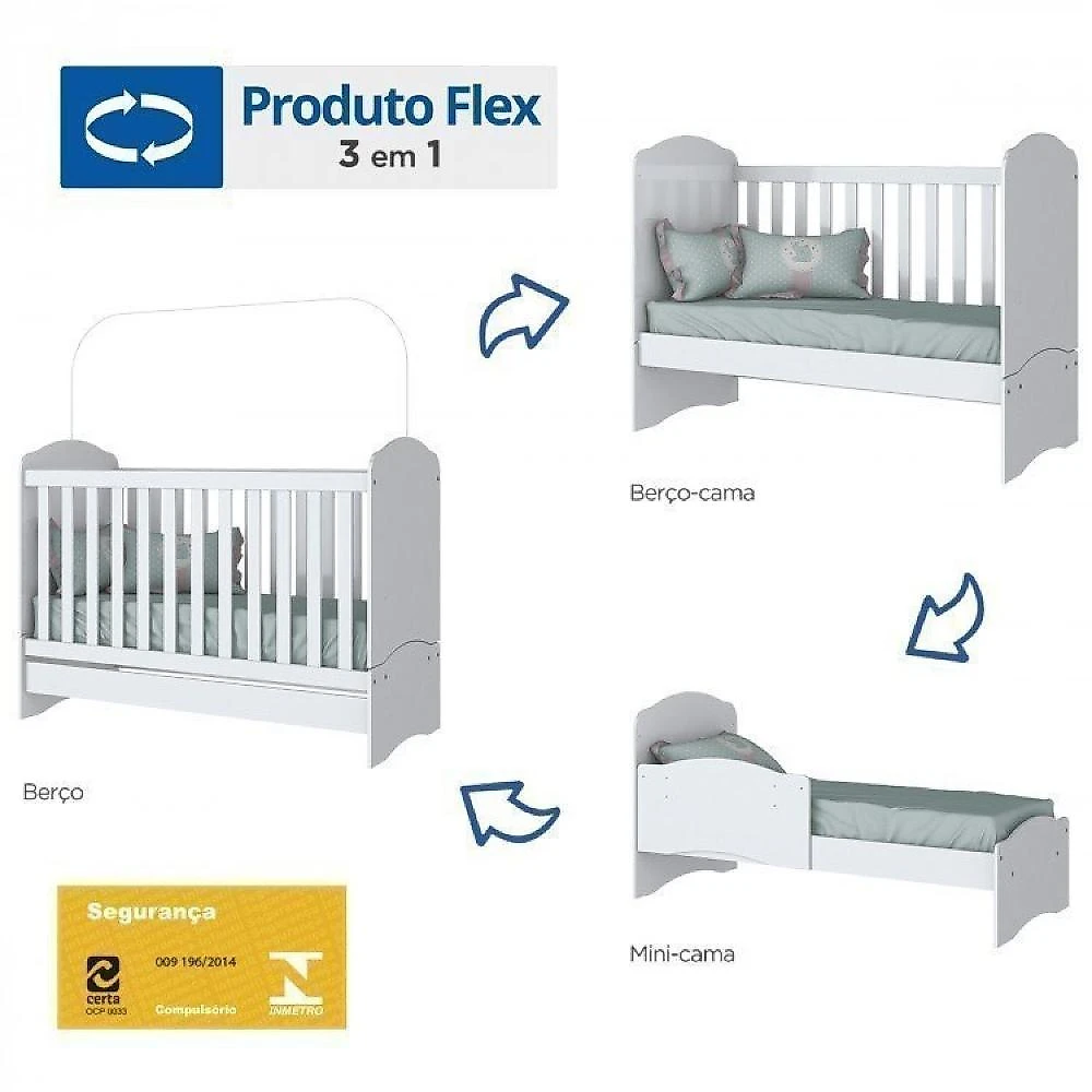 Quarto de Bebê com 1 Guarda Roupa 1 Cômoda e Berço 3 em 1 Abracadabra Espresso Móveis Branco
