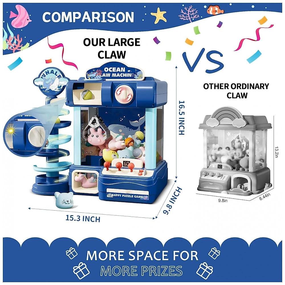 Máquina de Garra ROHSCE Azul para Crianças, Brinquedo Arcade Eletrônico com Luz e Som, Mini Vending Machine para Festa e Presente de Aniversário