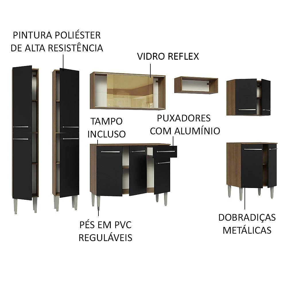 Armário De Cozinha Completa 293Cm Madesa 05 Rustic/Preto
