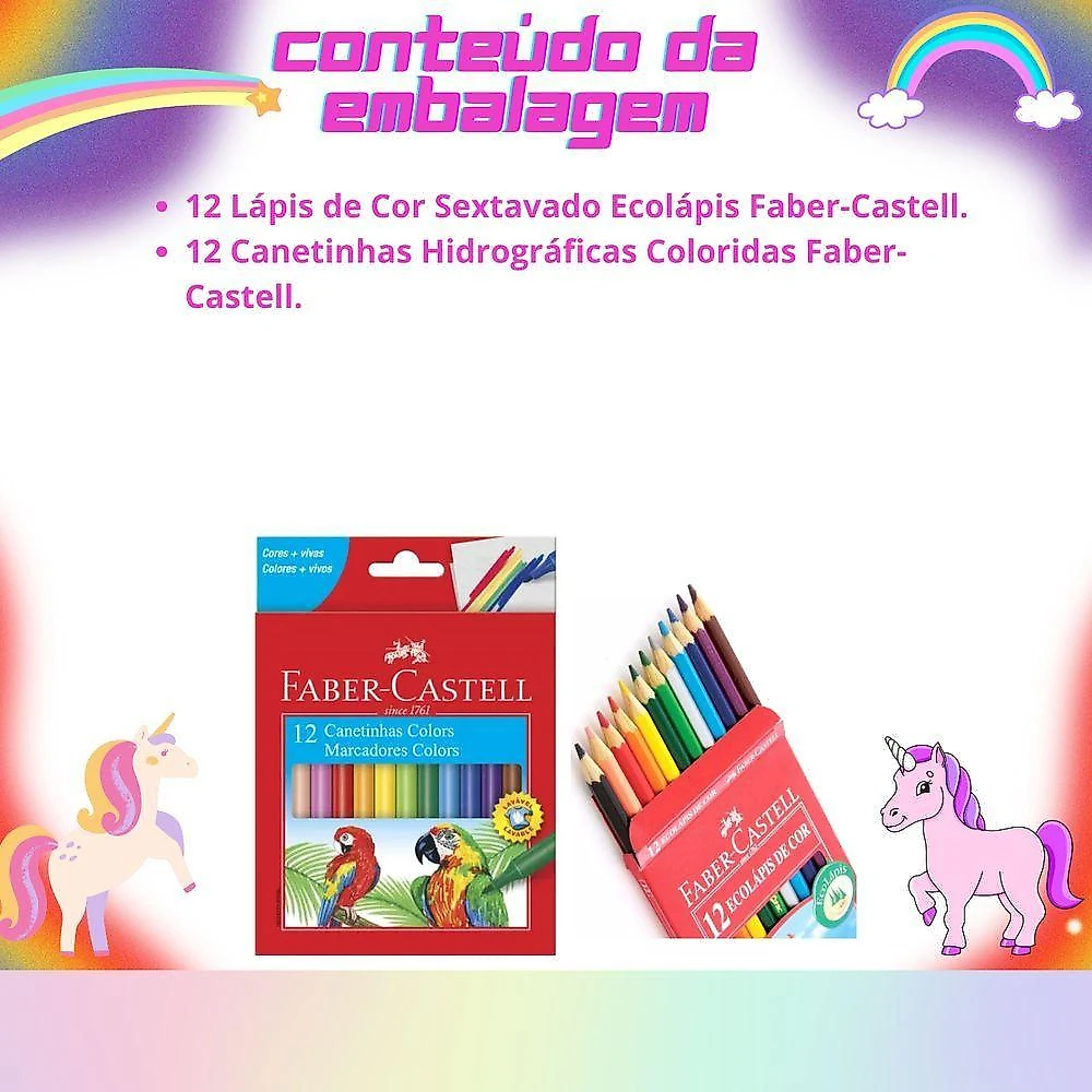 Kit Escolar Infantil Lápis De Cor + Canetinha Hidrográfica 12 Cores Faber-castell