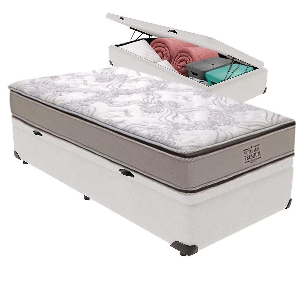 Cama Box com Baú Solteiro Four Season Pillow Top Molas Ensacadas Tecido Sintético Branco