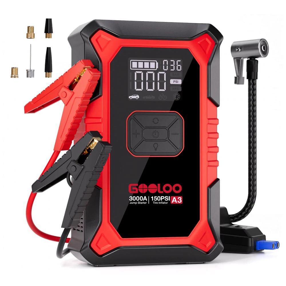 Jump Starter (Aux.de partida) com Compressor GOOLOO A3 Amarelo 3000A 150 PSI Gasolina 9.0L Diesel 6.5L 12V