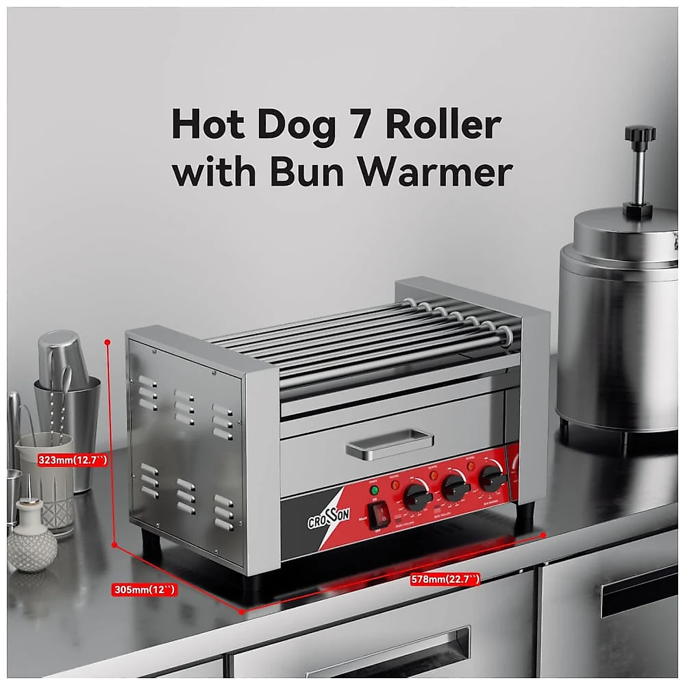 Máquina de Salsicha Hot Dog Grill CROSSON, 7 rolos antiaderentes, aquecedor de pães, comercial, inox 304, 110V, 1350W, ideal para cozinhar 110v