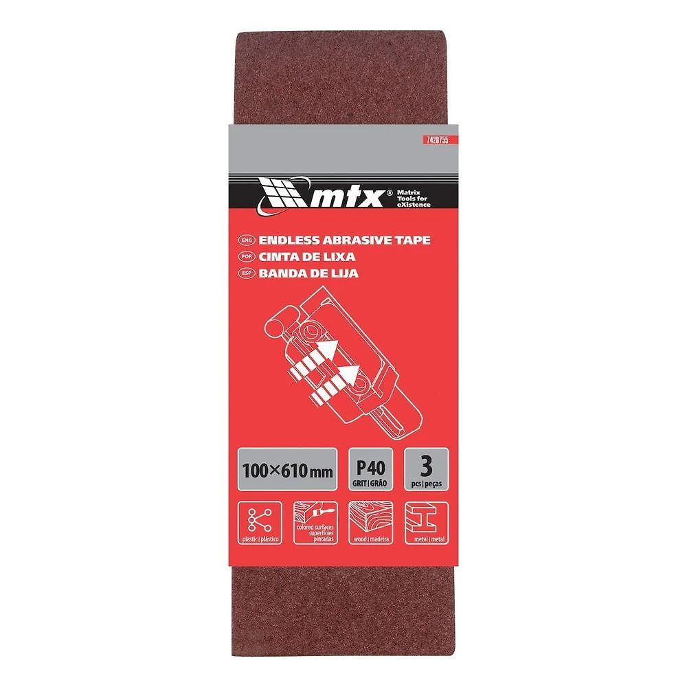 Cinta de Lixa P40 100x610mm Óxido de Alumínio Vermelho 3 Unidades Mtx