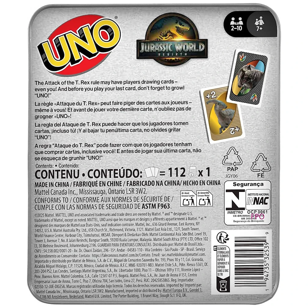 UNO Jurassic World Rebirth Mattel Games jogo de cartas em lata colecionável com regra especial Ataque do T. rex